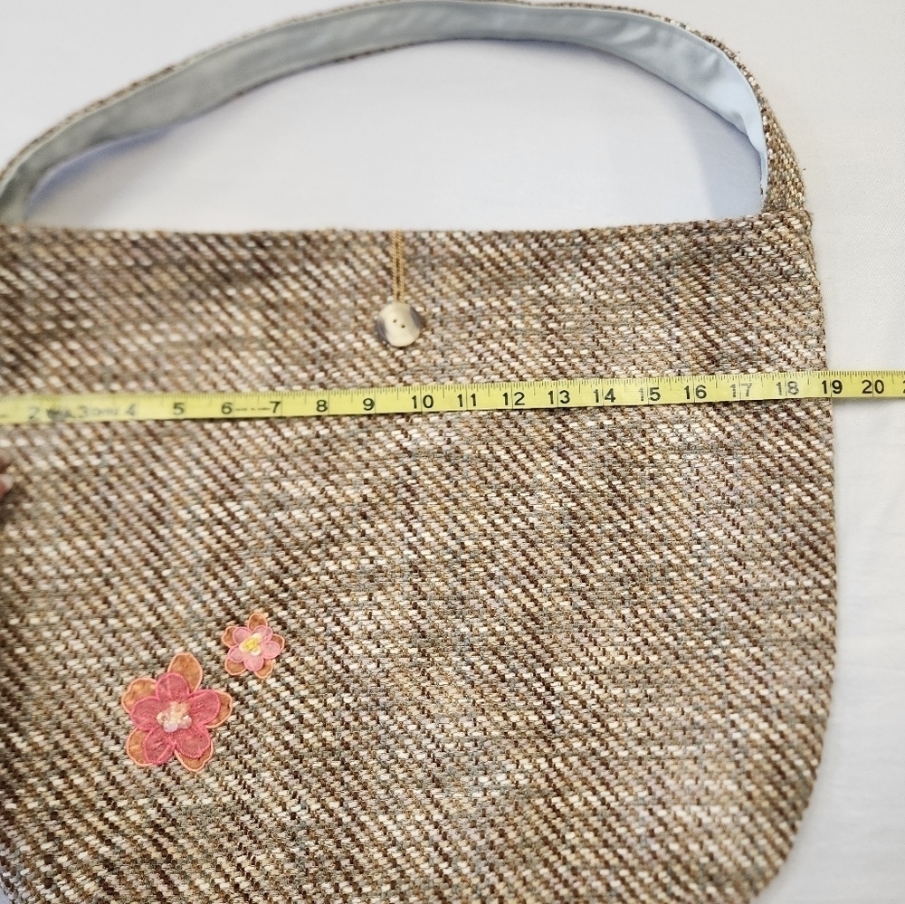Brown Tweed Women's Bag with Floral Accent Gold Chain Link Closure Soft Cotton - Picture 5 of 8